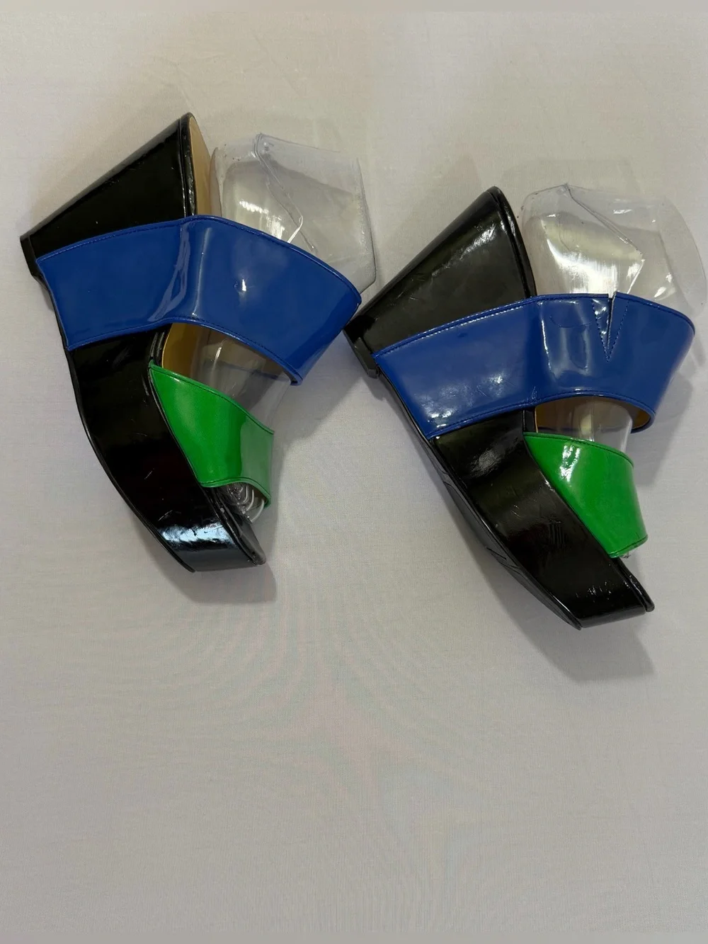 💙💚Nine West Colorblock Patent Platform Wedge Slide Sandals Blue Green Black| sz9